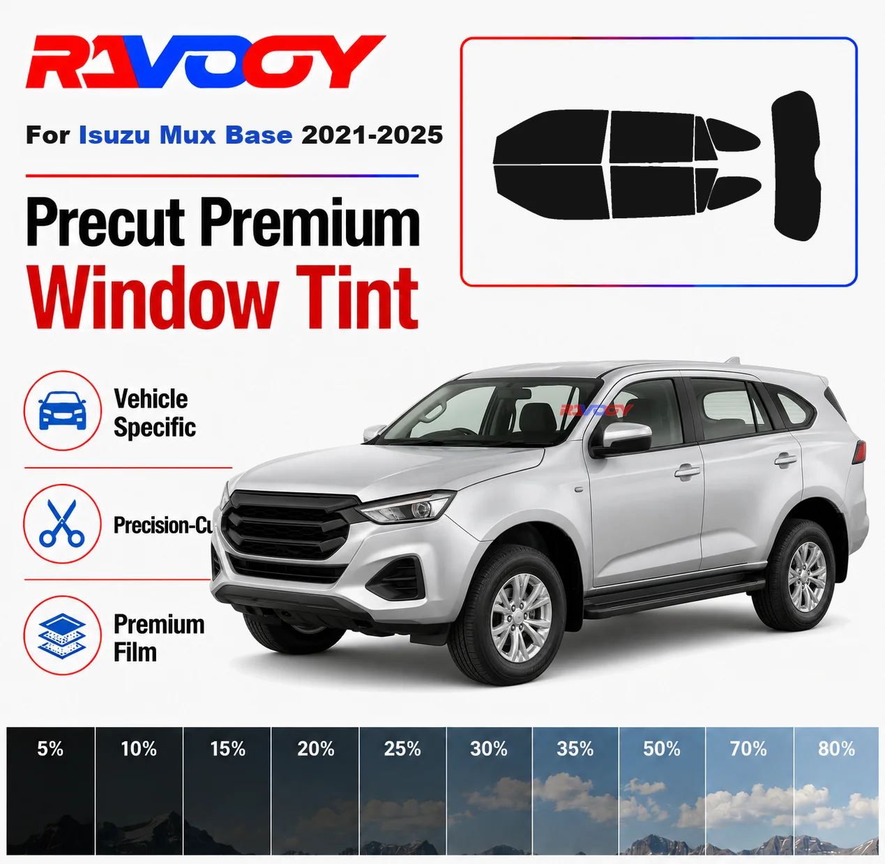 

Premium Precut Window Tint Kit Front Rear Windows Rear Windshield For Isuzu Mux Base 2021-2025 Complete Set Nano Ceramic Film