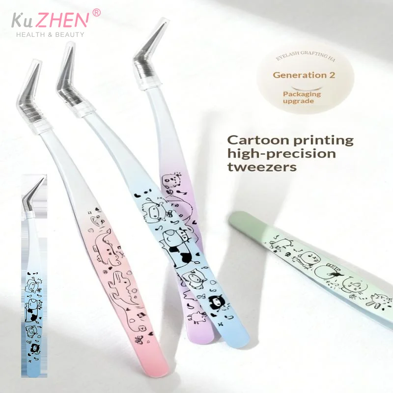 Pinça de cílios postiços com estampa de desenho animado, pinça de extensão de cílios 3d profissional curvada de aço inoxidável, ferramentas de maquiagem