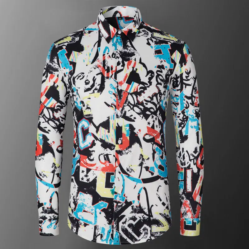 

Korean Luxury Shirt Fashion Spring Graffiti Dog Print Men Holiday Style Long Sleeve Camisas Para Hombre Men Clothes Shirt Men