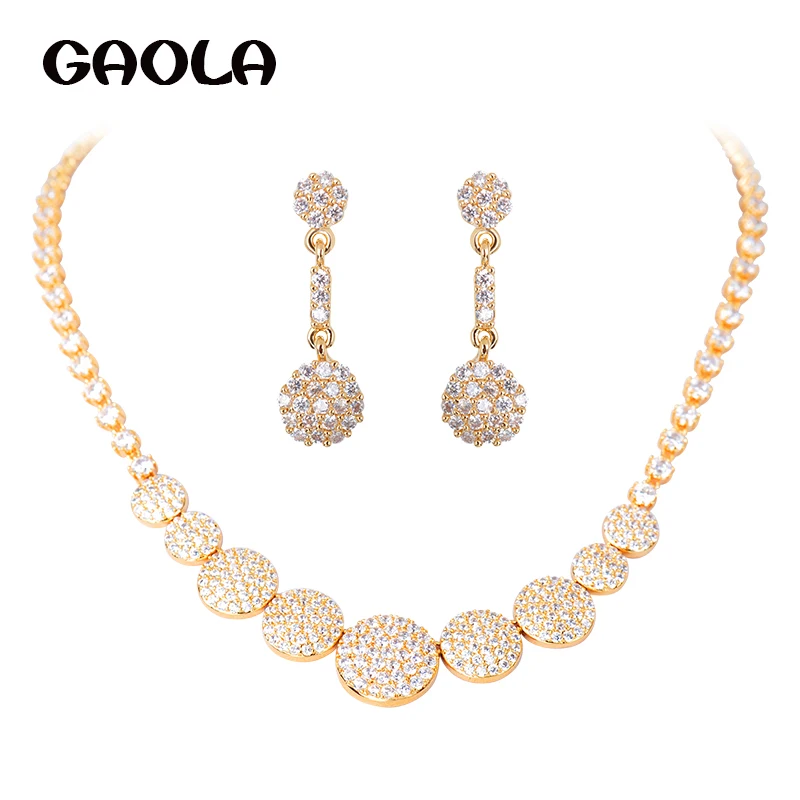 

New Arrival Charm Champagne Gold Round Austria AAA Crystal Fashion Romantic Jewelry Set for Women Necklace Earrings Sets GLN0128