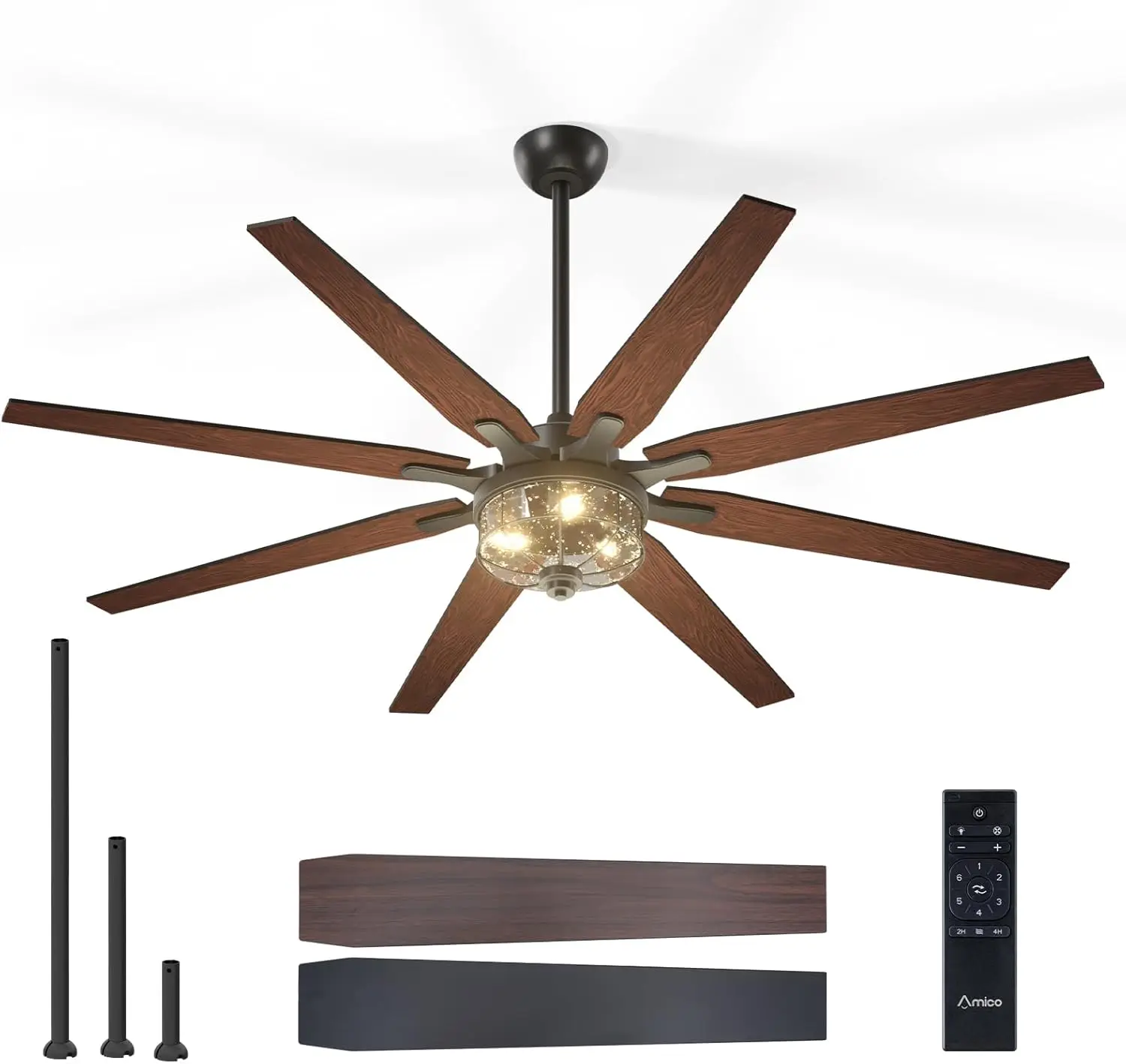 Amico Ceiling Fans with Lights, 65'' Indoor/Outdoor Black Ceiling Fan with Remote Control, Reversible DC Motor, 8 Blades, 3CCT,