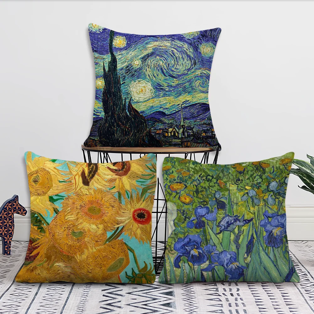 Van Gogh Oil Painting Print Art Pillow Case Sofa Living Room Bedroom Headboard Backrest Cushion Square Cushion Nap Time