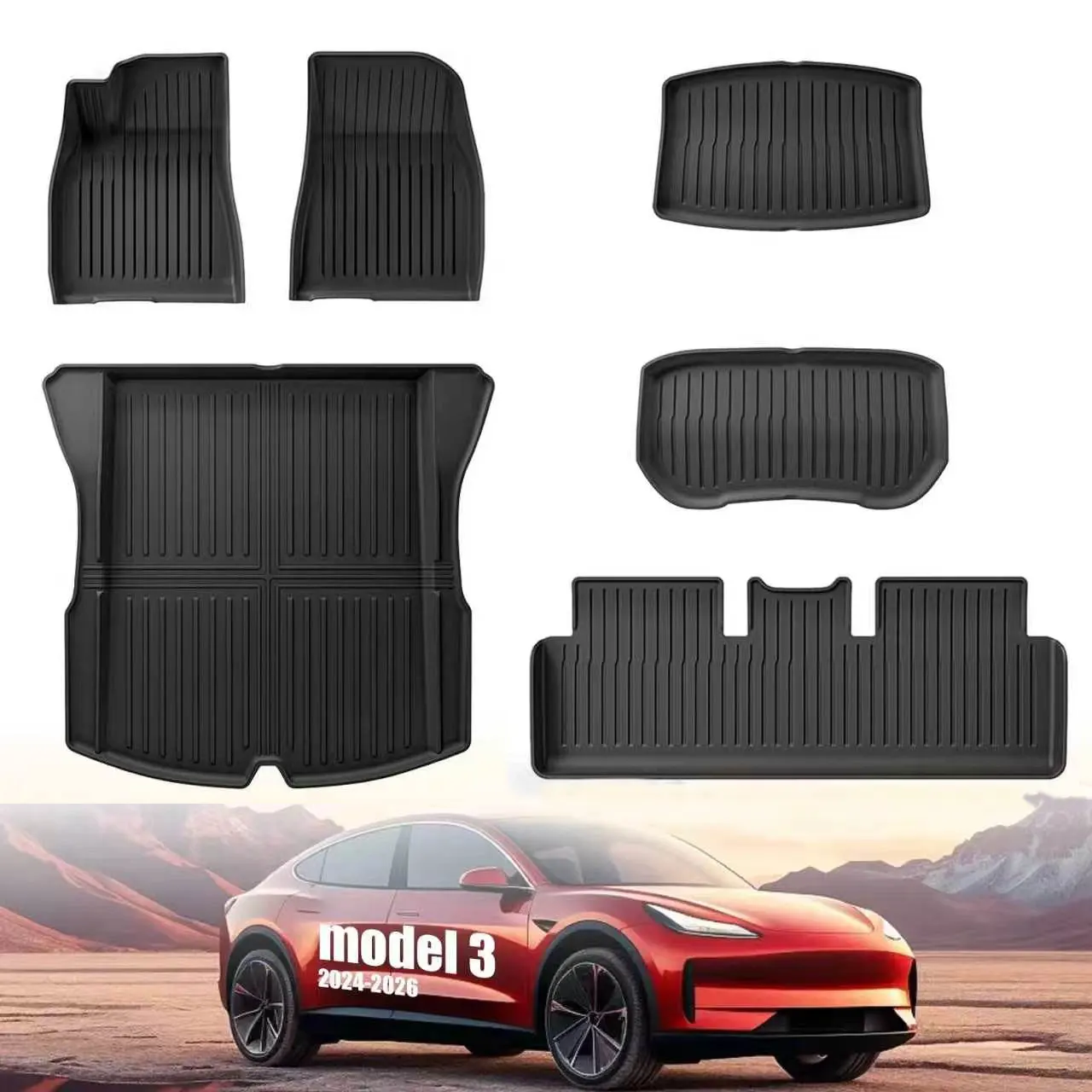 For 2024‑2026 Model 3 Highland TPE All‑Weather Floor Mats 6‑Piece Set Waterproof Anti‑Slip Odorless Cargo Mat Rear Seat Back Protector Car Accessories