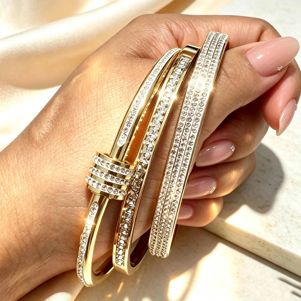 Yupsk 3pcs/set Classic Zircon Inlaid Stainless Steel Bracelet Set for Women Sparkling Crystal Stackable Bangles Jewelry view 3
