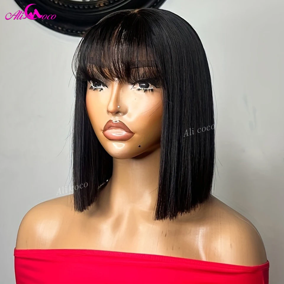 Short Bob Straight Wig Human Hair Natural Black 4x1 Lace Closure Wig Brazillian Remy Hair With Bang Bob Wig For Woman