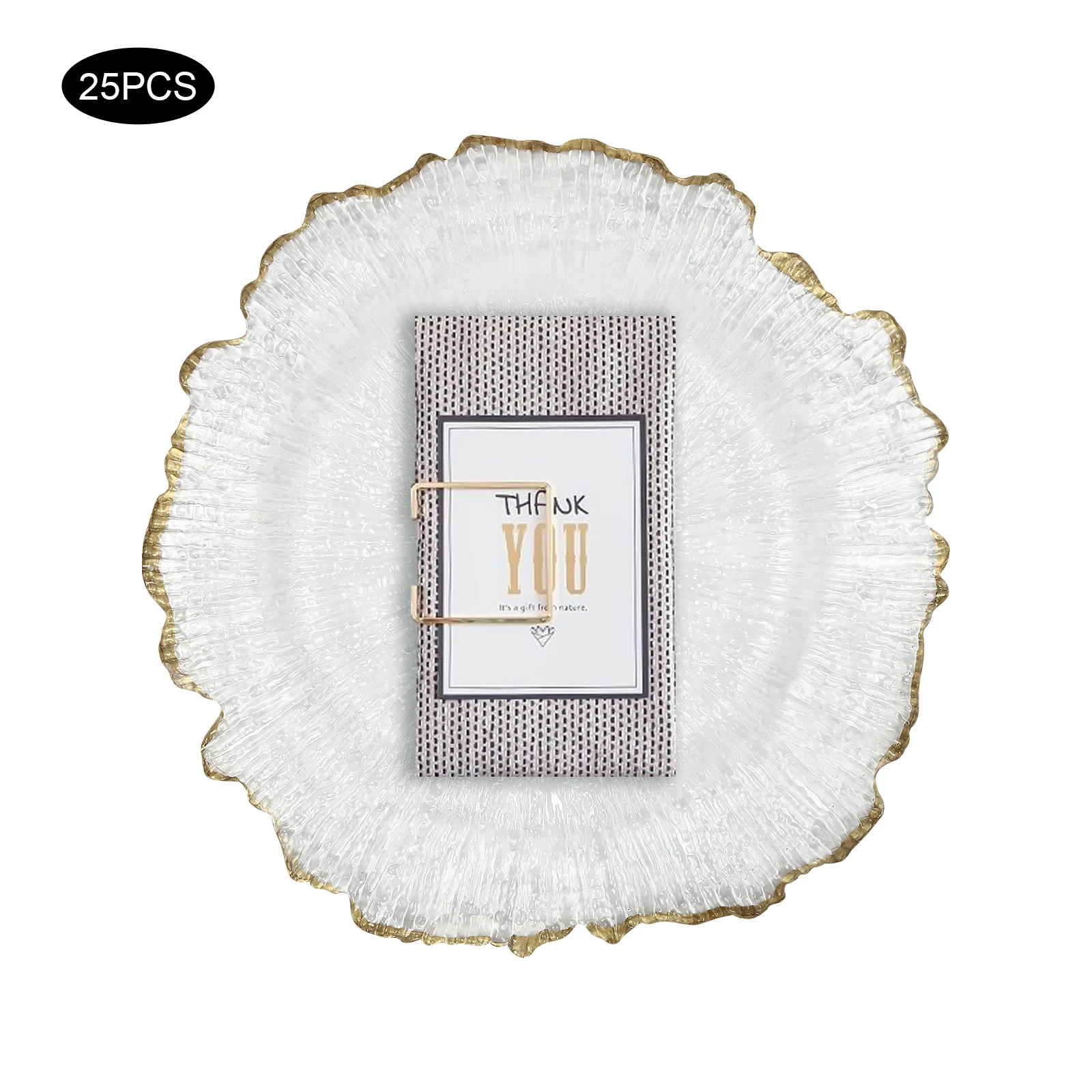 

25 упаковок 13-дюймовых зарядных тарелок, прозрачные пластиковые рифовые тарелки для зарядного устройства с золотым ободом, круглые декоративные тарелки для обеденного стола