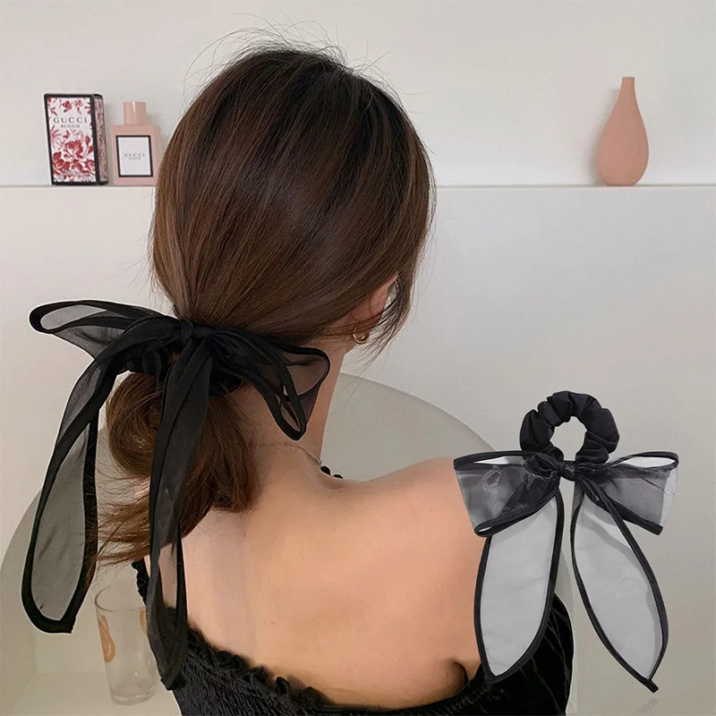 

CHIMERA Black Organza Bow Large Intestine Hair Ring Long Ribbon Ponytail Hair Ties Headdress Elegant Hair Scrunchies for Women