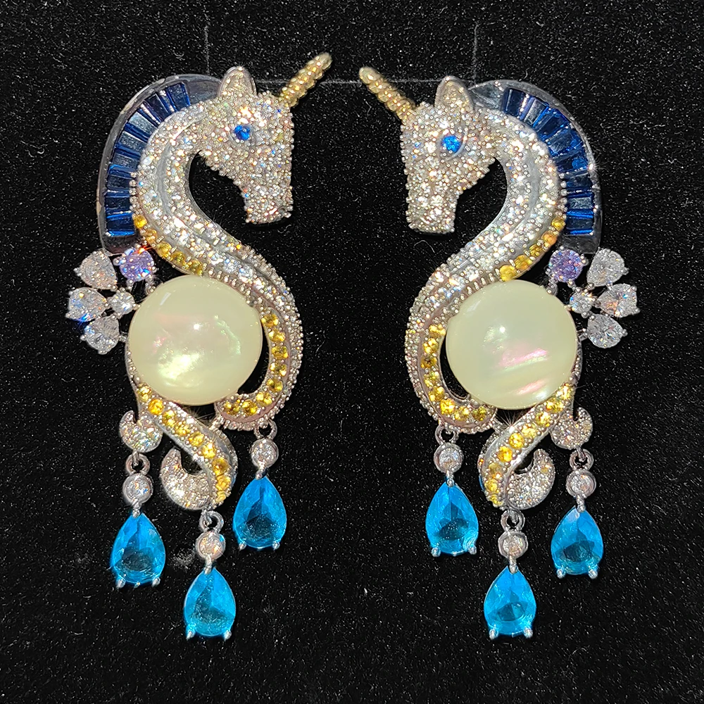 Vintage Luxury Unicorn Statement Earrings Multi Colored Zircon Inlay Pink Moonstone Pendant Water Drop Earrings Evening Party