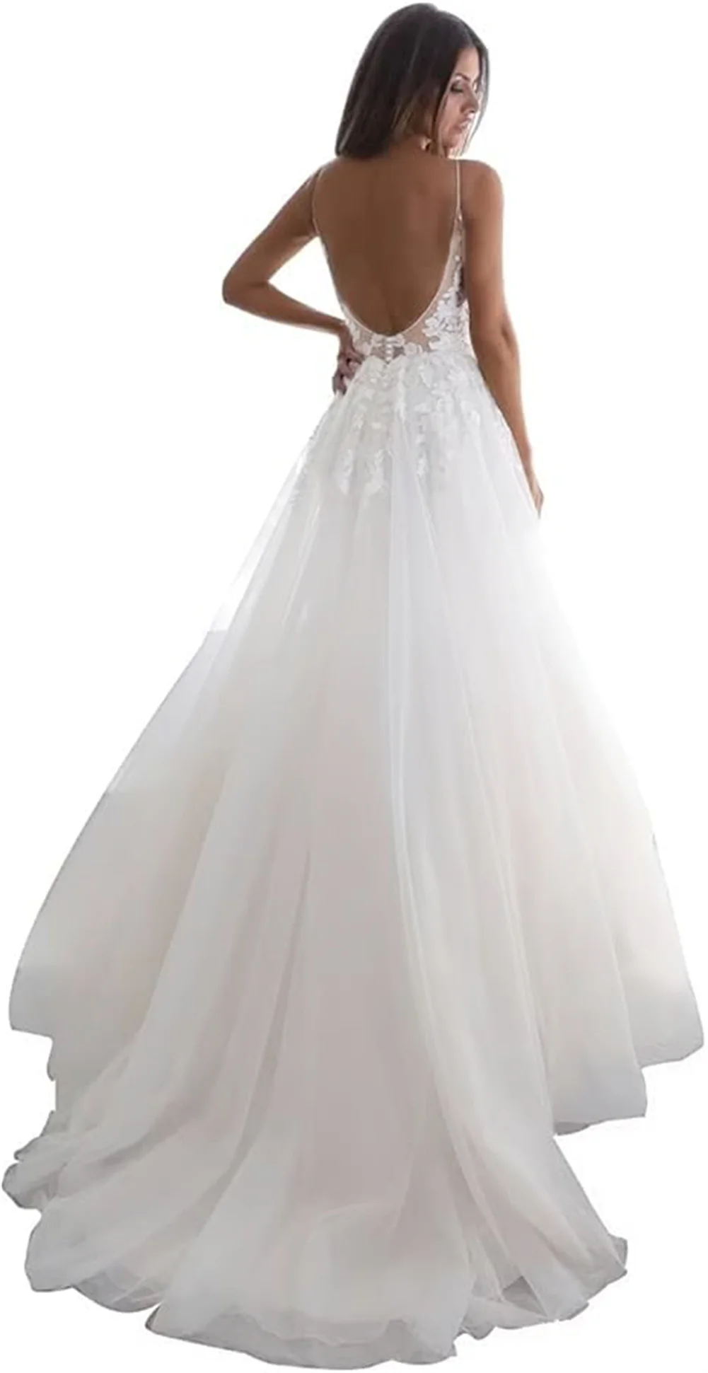 Correas espaguetis personalizadas, vestidos de novia grandes con espalda descubierta para novia, tul, escote en V profundo, línea A, apliques de cordones, vestidos de novia largos