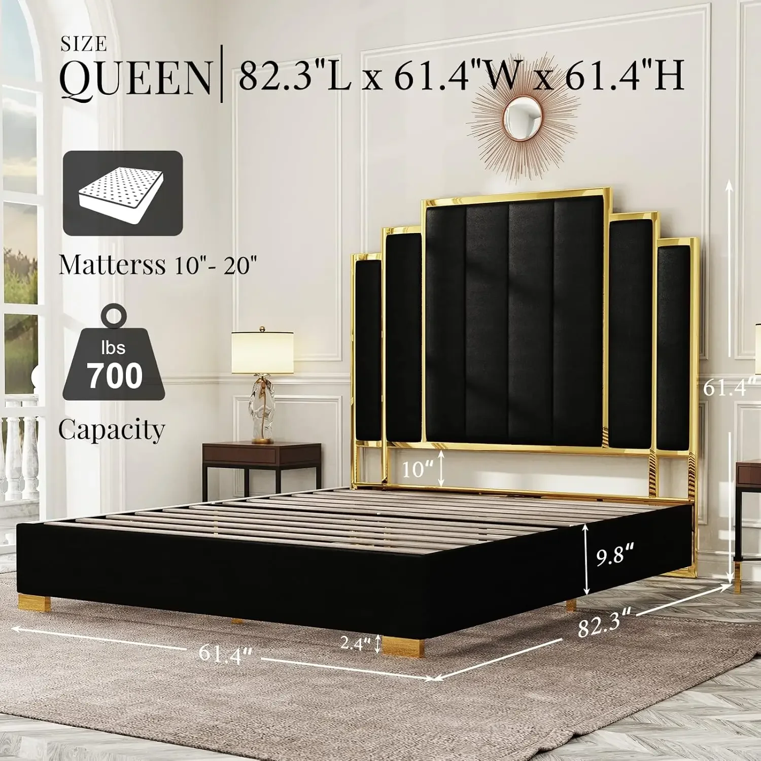 Struttura letto con piattaforma queen size, letto imbottito in velluto da 61,4 pollici con testiera con finiture dorate/lattini in legno/nessun bisogno di molle/nero