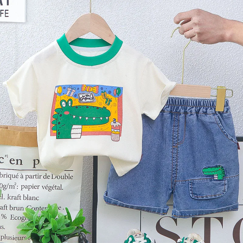 

2Piece Summer Toddler Boy Clothing Fashion Cartoon Cute Short Sleeve Tops+Denim Shorts Korean Kids Clothes Children Sets B136