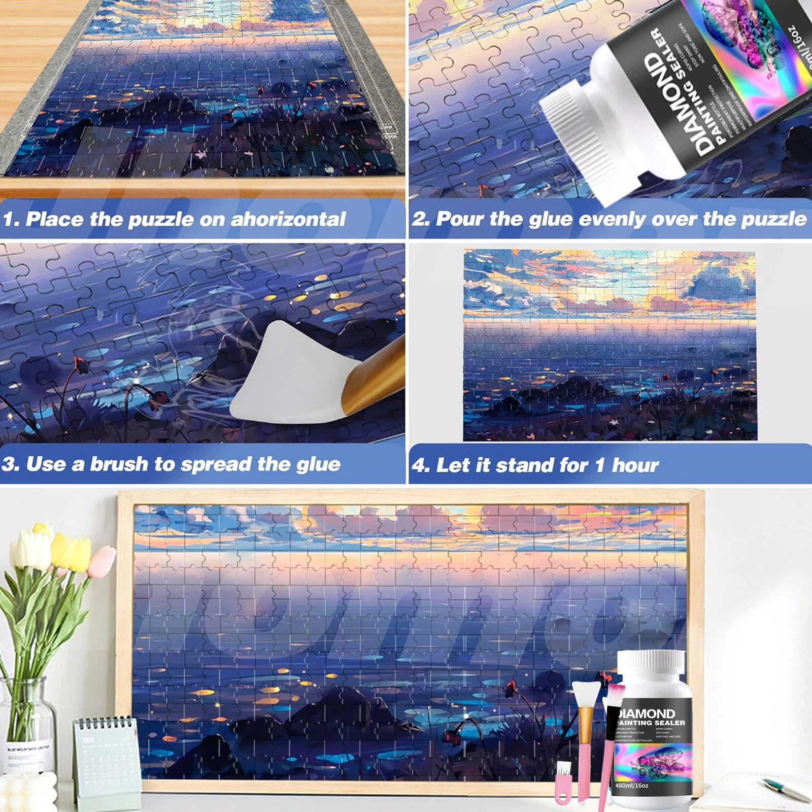 480ML(16oz) Diamond Painting Sealer Kits with 3 Pcs Brushes Diamond Art Sealer Puzzle Glue Accessories and Tools for Adults