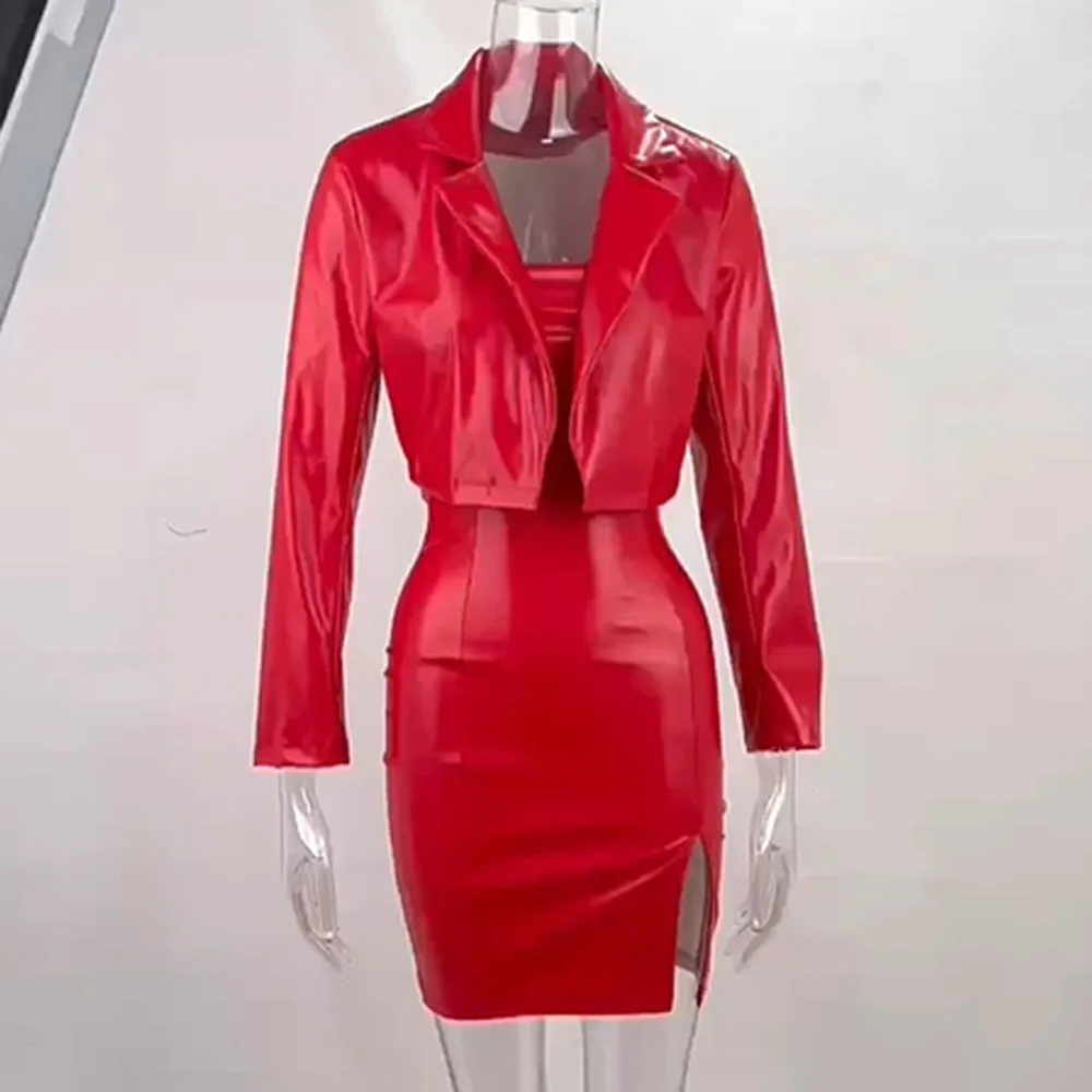 Luxury PU Leather Bodycon Dresses + Long Sleeve Short Jacket Coat Sexy Night Club Outfit Dress Elegant sets for women 2 pieces