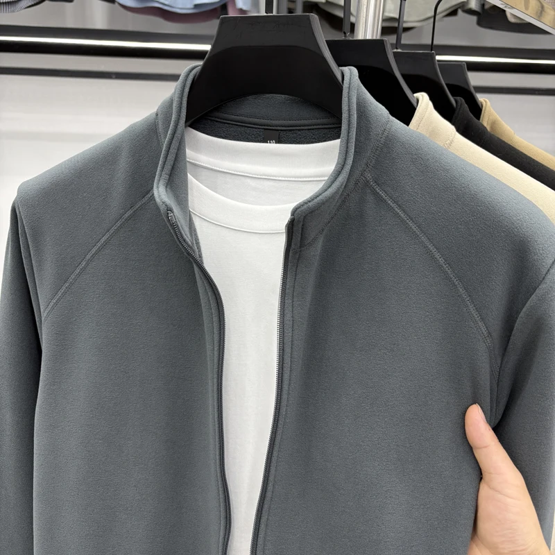 سترة بغطاء للرأس مخملية ألمانية مزدوجة الجوانب للرجال الأكثر مبيعًا لعام 2025 لخريف/شتاء جديد دافئ بلون سادة وسحاب وياقة واقفة #3