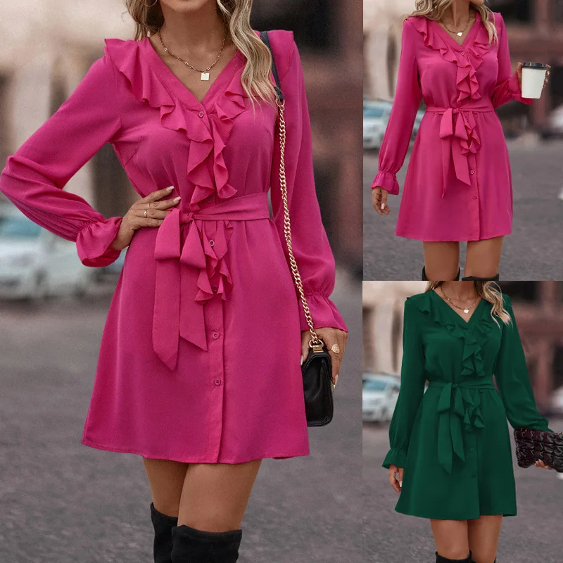 Women's V Neck Ruffle Trim Button Front Self Tie Waist Long Sleeve Flared Cuff Short Dress Autumn Casual Daily Fashion Wear