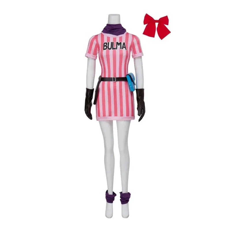 

2025 12 Anime cosplay pink stripe dress women Halloween carnival suit Bulma costume full set with headwear gloves