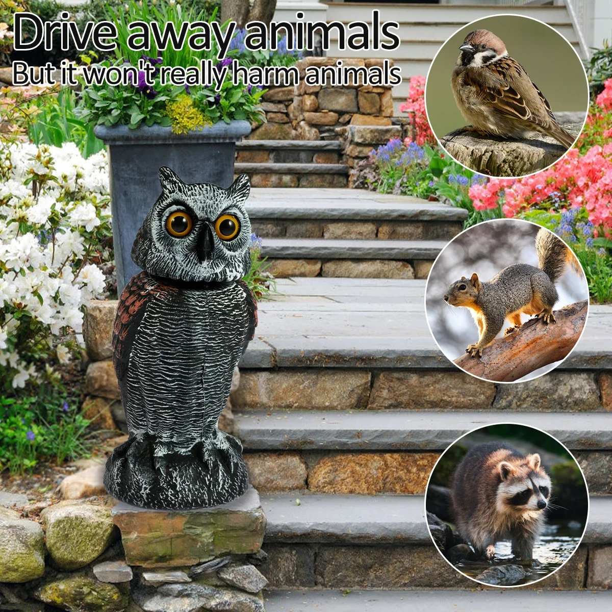 Simulation Owl Decoy Lifelike Fake Owl Bird Deterrent 360° Swivel Head Realistic Owl Statue Scare Birds Plastic Gardening Decor