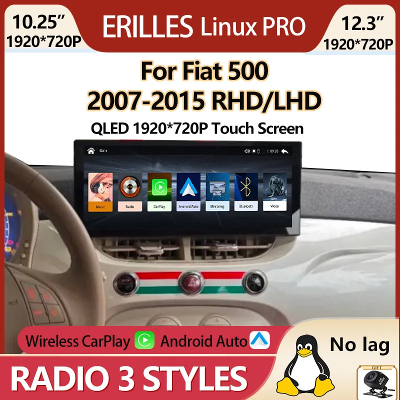 Radio para Auto Fiat 500 2007-2015, CarPlay Inalámbrico, Android Auto, Reproductor Multimedia de Video, Unidad Estéreo Automotiva, Pantalla HD, Linux