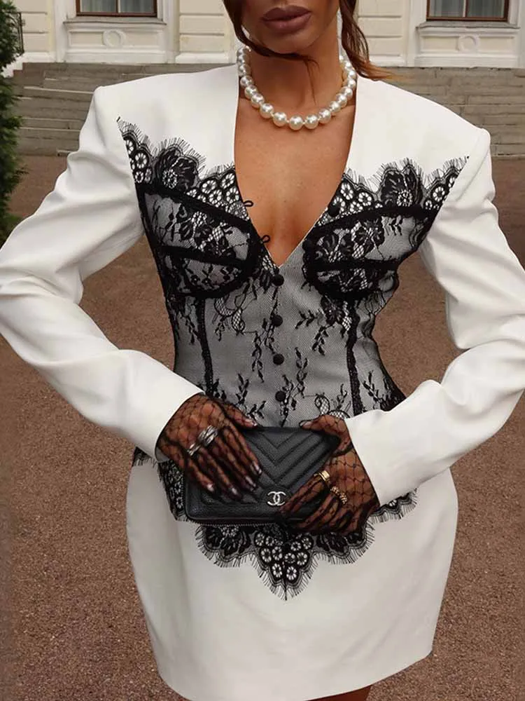 BKQU الدانتيل المرقعة مثير الخامس الرقبة السترة فستان Women2025 الخريف جديد أنيق سليم كم طويل فساتين صغيرة حفلة فساتين السهرة