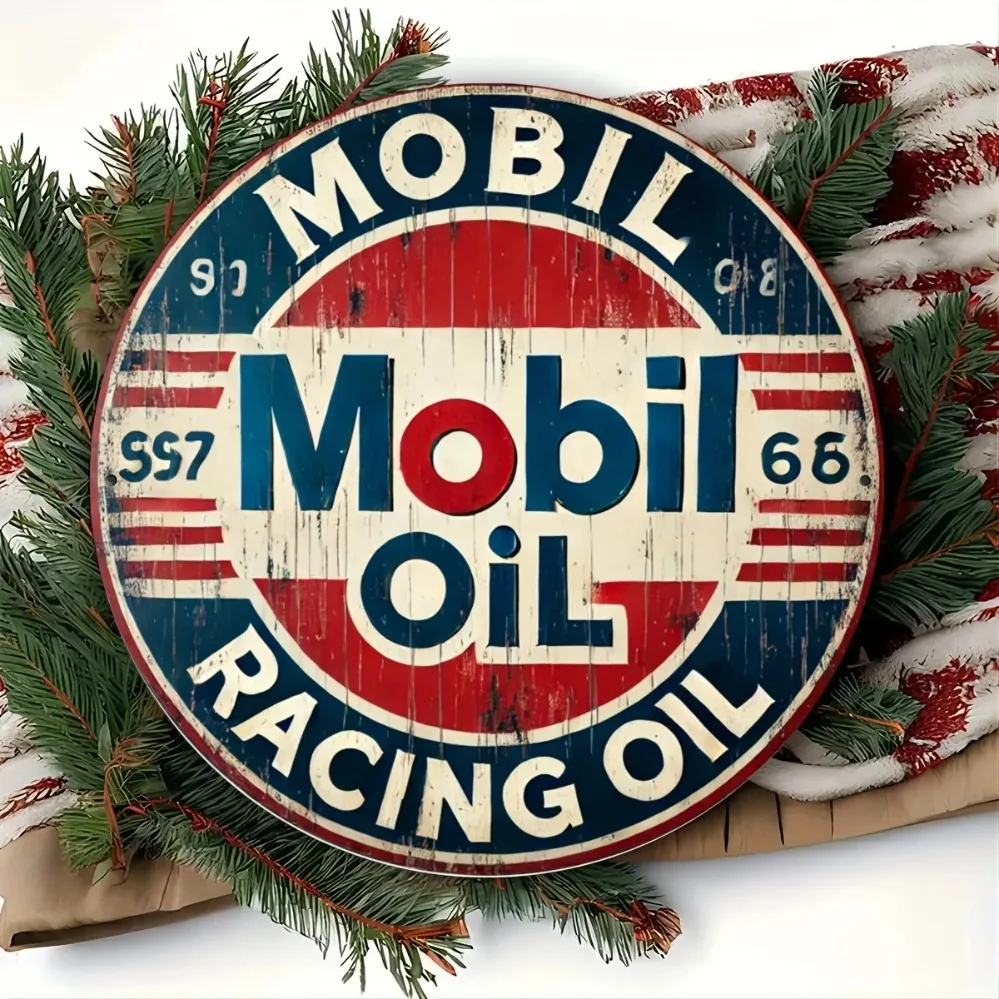 1960s Mobil Racing Sign Set | Distressed Pit Stop Decor for Garage | Wall Art That Brings Vintage Gas Station Vibe to Home