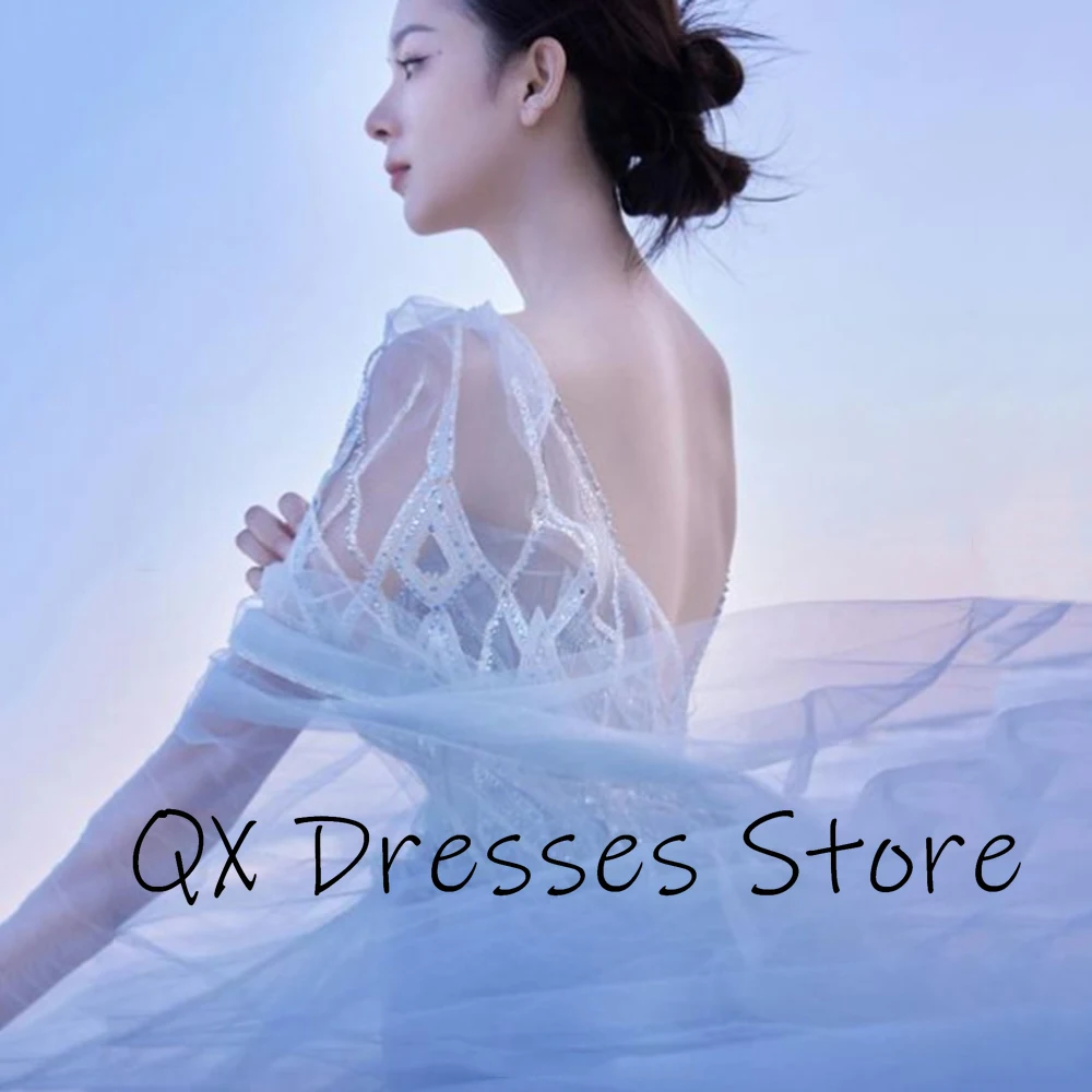 فساتين سهرة Yipeisha بسيطة من التول باللون الأزرق السماوي مع زينة مطرزة بالخرز مثيرة بدون ظهر بطول الأرض وحفلات رسمية Pr