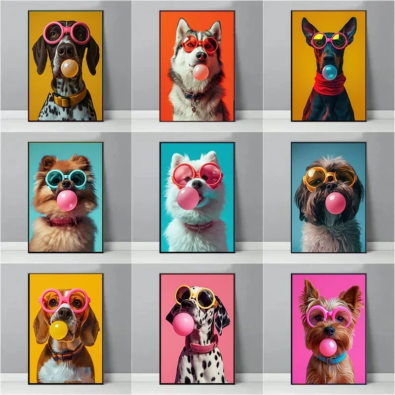 Dog Colorful Bubblegum Sunglasses Poster Prints Samoyed French Bulldog Corgi Canvas Painting Wall Art Picture Room Home Decor