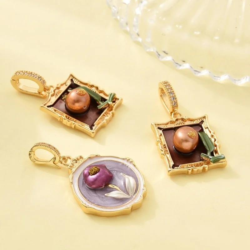 1Pc of Copper-gold Plated Jewelry Pendant Accessorie Rose Oil Painting Style DIY Necklace Pearl Chain Making Materials Wholesale