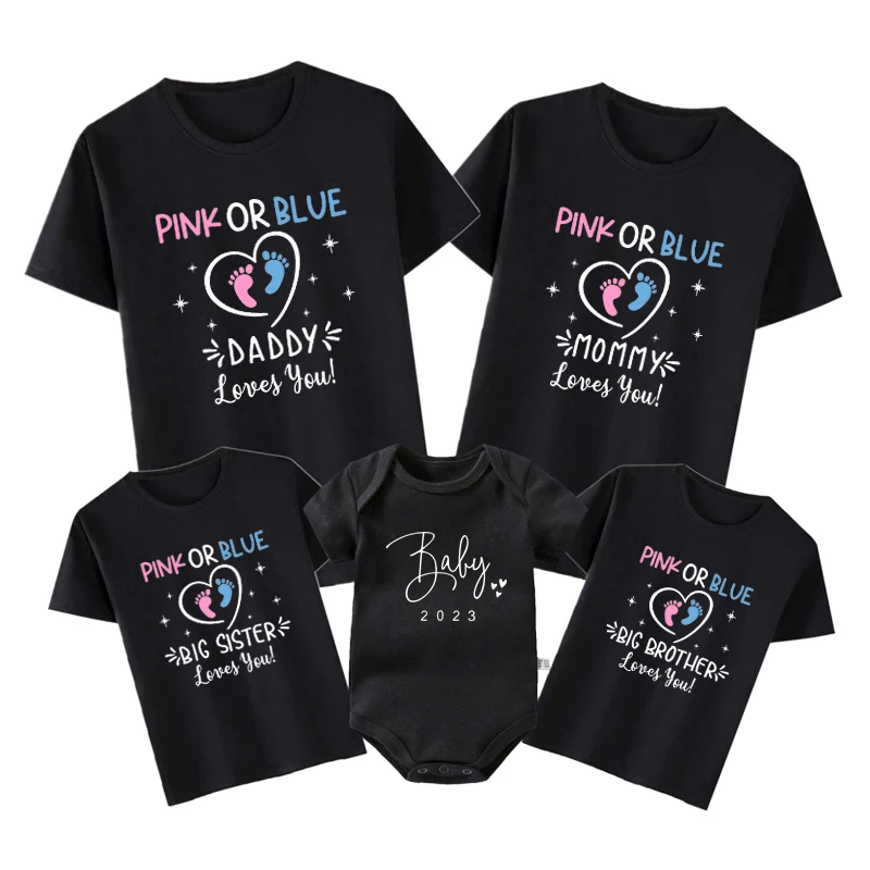 Pink Or Blue Daddy Mommy Brother Sister Loves You Funny Gender Reveal Party Shirts Cotton Baby Shower Tee Family Matching Outfit