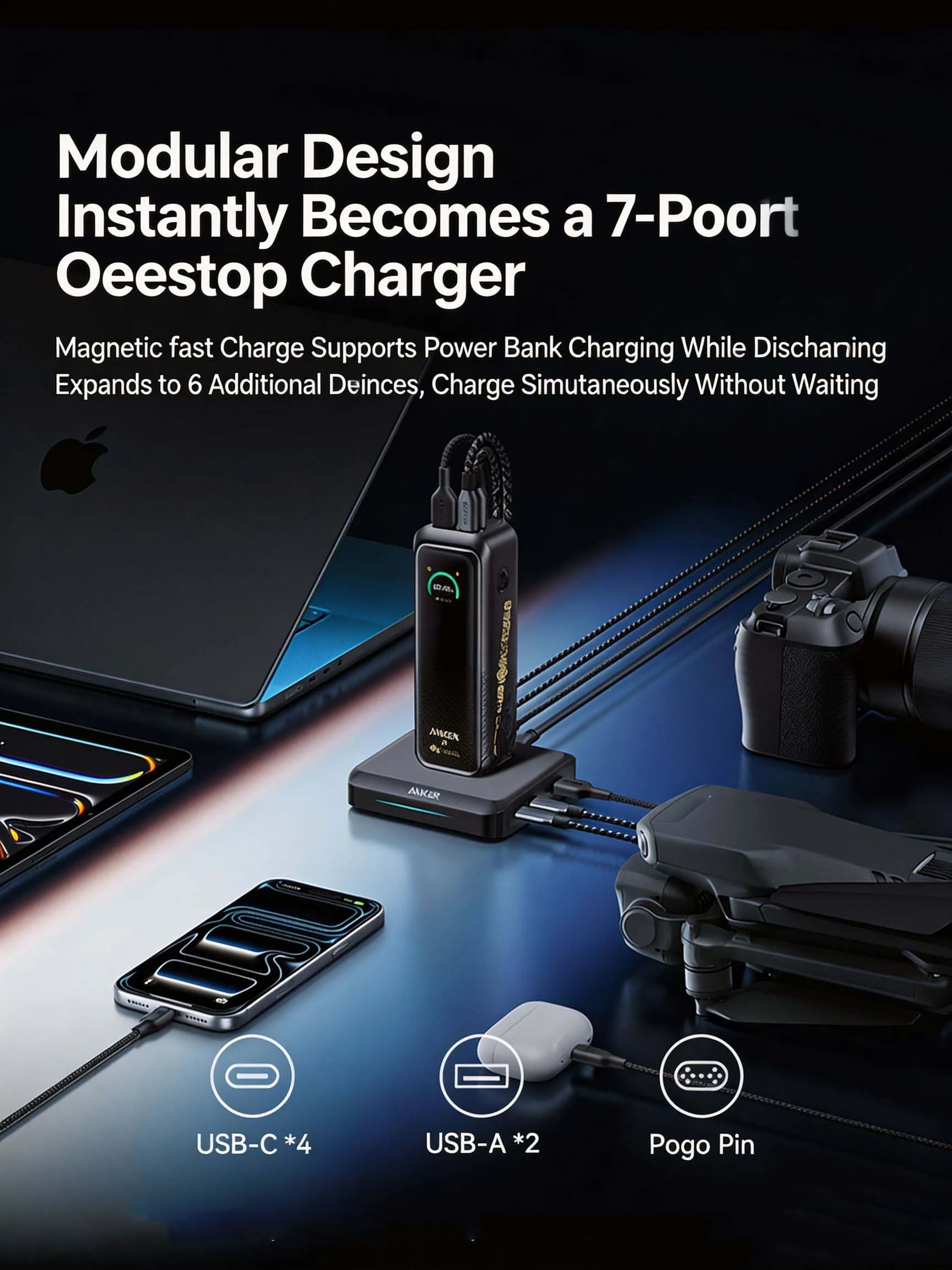Anker Prime 150W GaN Desktop Charging Station 4-Port Multi Device Fast Charger with Pogo Pin Magnetic Charging