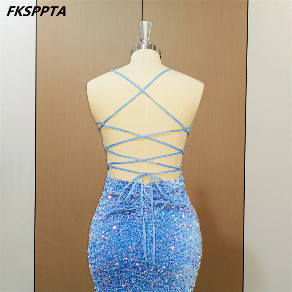 Backless Mermaid Baby Blue Evening Dress 2023 Strapless High Slit Elastic Sequins Sexy Women Gowns For Birthday Robe De Soiree