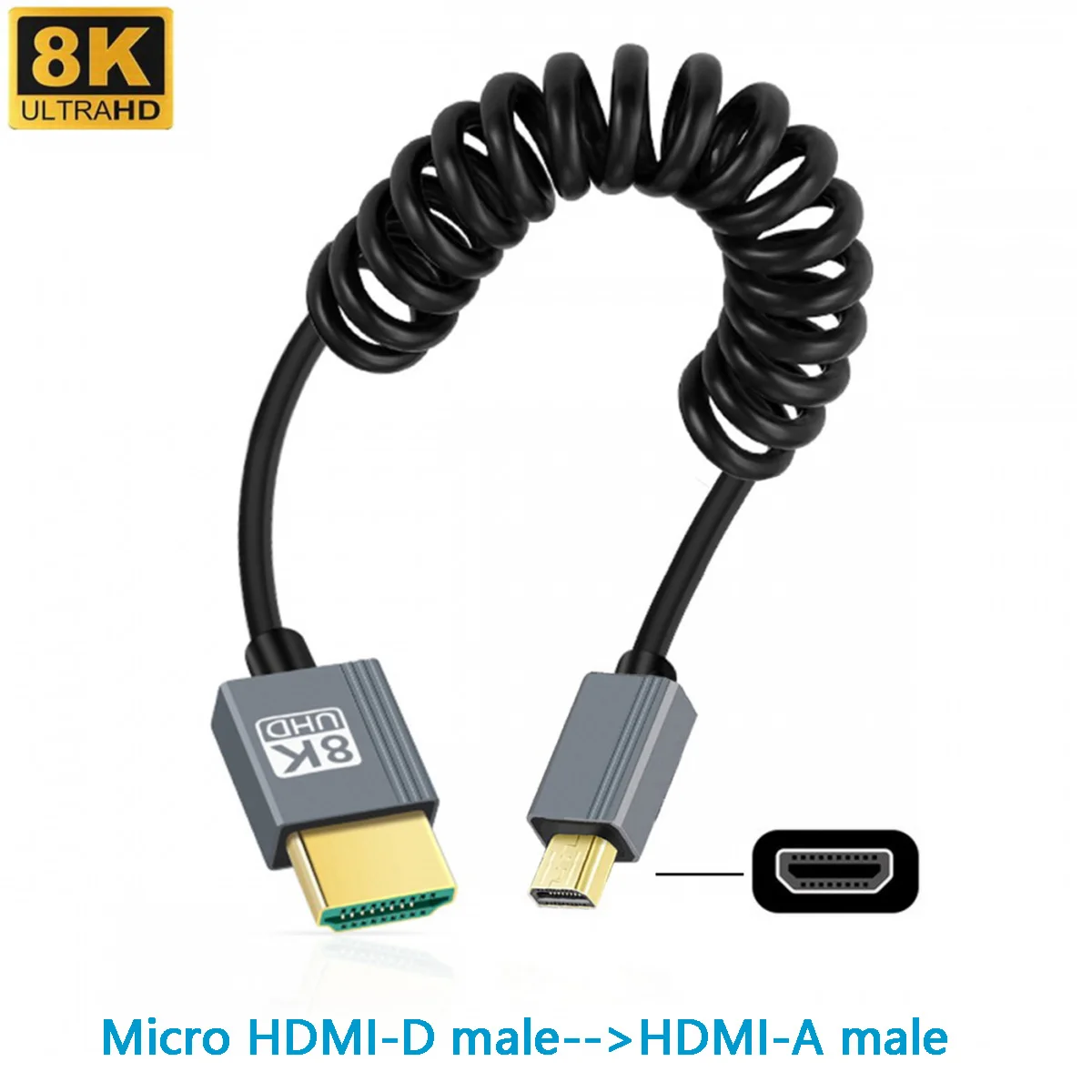 8K Micro HDMI Cable Micro HDMI 2.1 D male to HDMI-A male 8K 60hz Stretch Coiled Cable 100cm for HDTV Camera Laptop Monitor