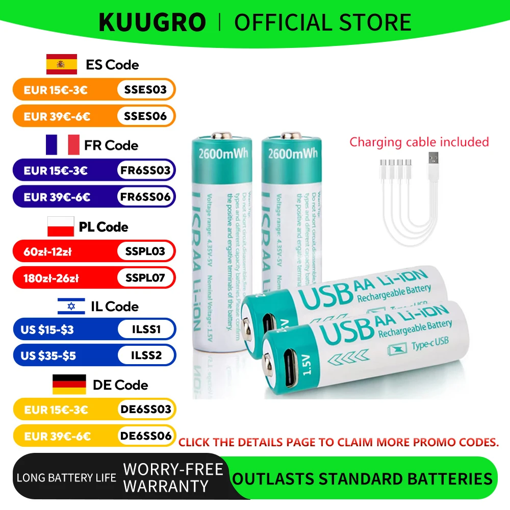 Kuugro 1.5V 2600Mwh…