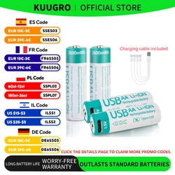 Kuugro 1.5V 2600mWh AA Rechargeable Battery USB Type-C Rechargeable aa Lithium Battery for Remote Control Electric Toys Mouse