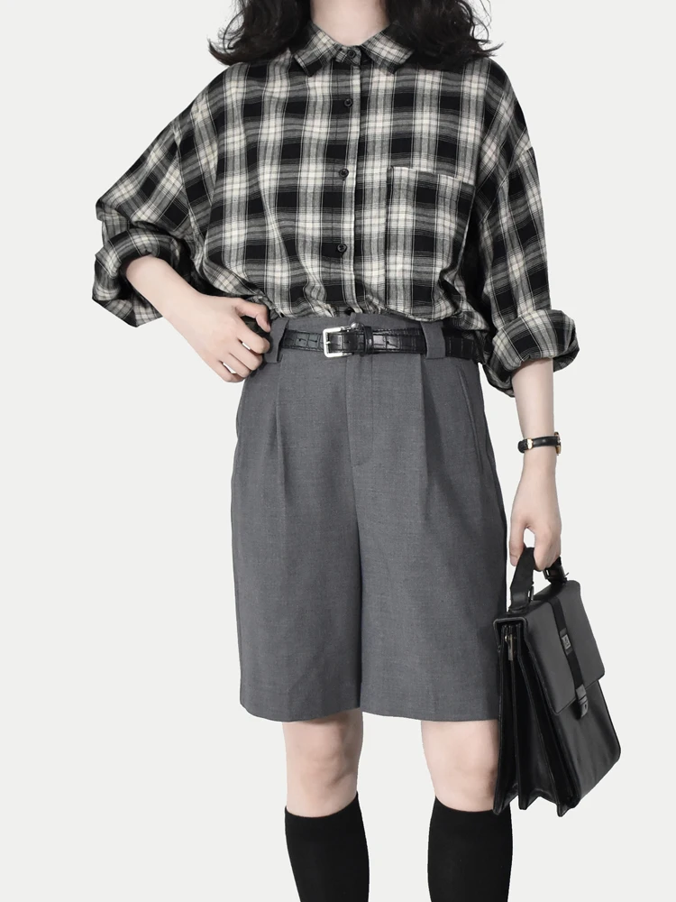 

Повседневная свободная блузка в клетку с отложным воротником для осени и зимы, универсальная, свободного кроя...