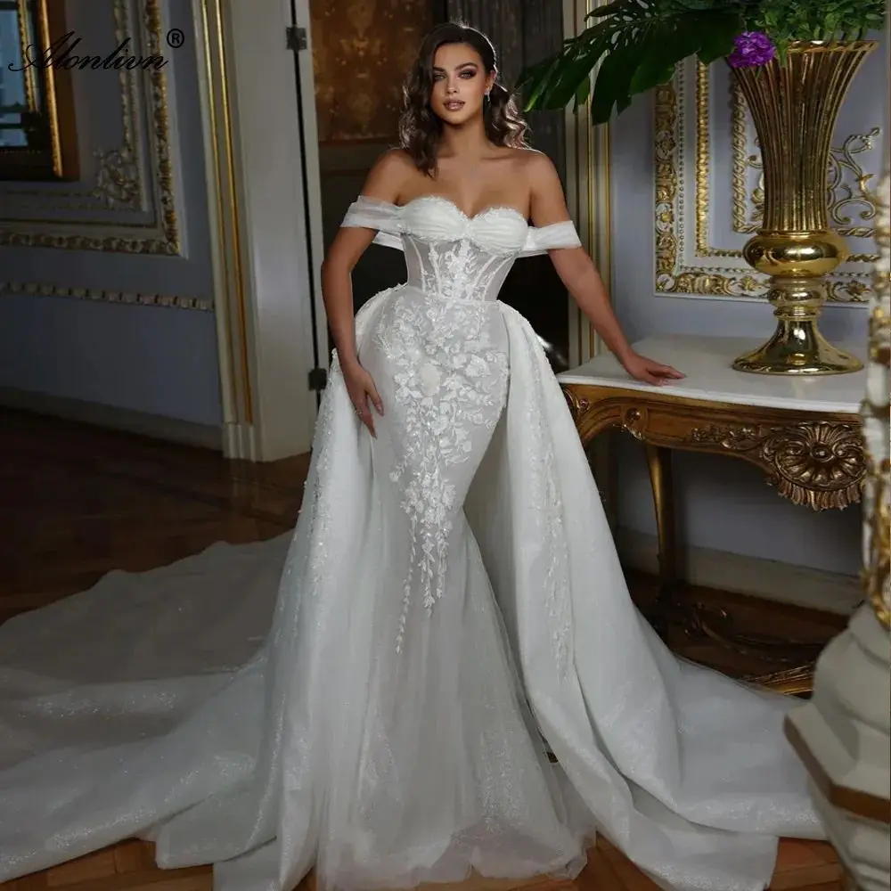 

One Shoulder Mermaid Wedding Dresses Detachable Train Beading Appliques Lace Trumpet Bridal Gowns Vestido De Noiva Custom Made