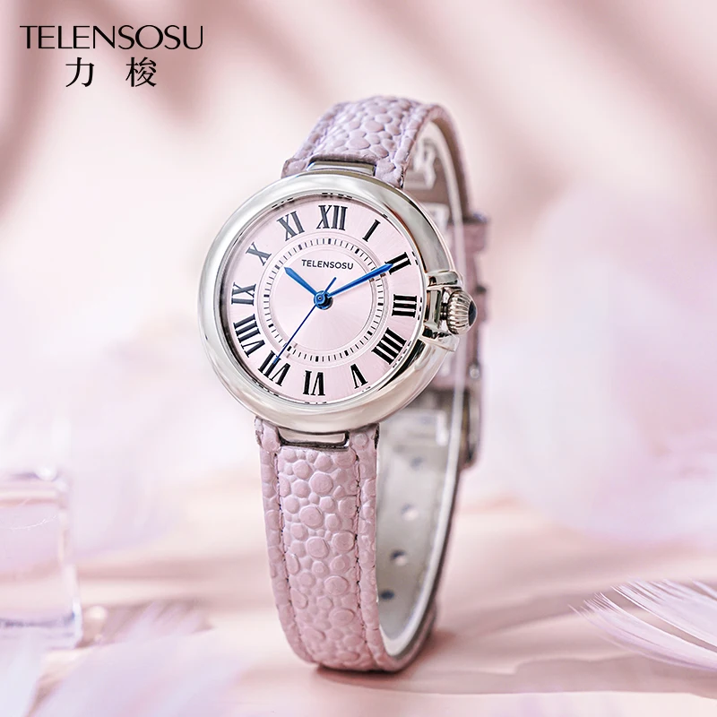 ساعة TELENSOU كوارتز للسيدات بحزام جلدي من الفولاذ المقاوم للصدأ طلاء مضاد للانعكاس منحني من الياقوت الاصطناعي GlassLady's Watch 8801