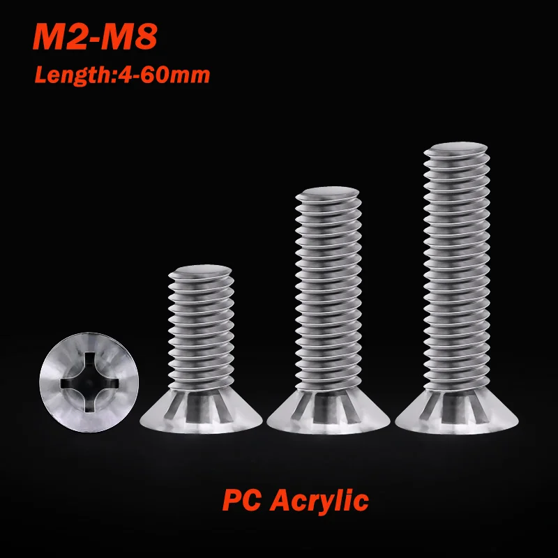 Vite a testa svasata trasparente in acrilico PC M2 M2.5 M3 M4 M5 M6 M8 Viti a testa piatta a croce Phillips in plastica Bullone isolato