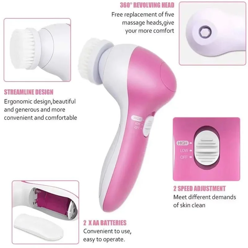 5 في 1 فرشاة تنظيف الوجه الكهربائية منظف الوجه غسالة سبا العناية بالبشرة مدلك تنظيف الرؤوس السوداء أدوات تنظيف الوجه #4
