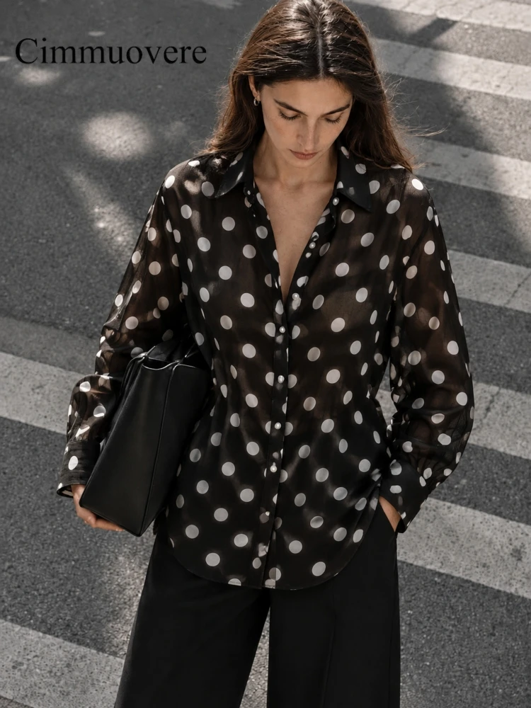 Cimmuovere Polka Dot Blouse For Women Chic Vintage Lightweight Thin Puff Sleeve Shirts 2026 Spring Autumn Mesh Top Street Wear