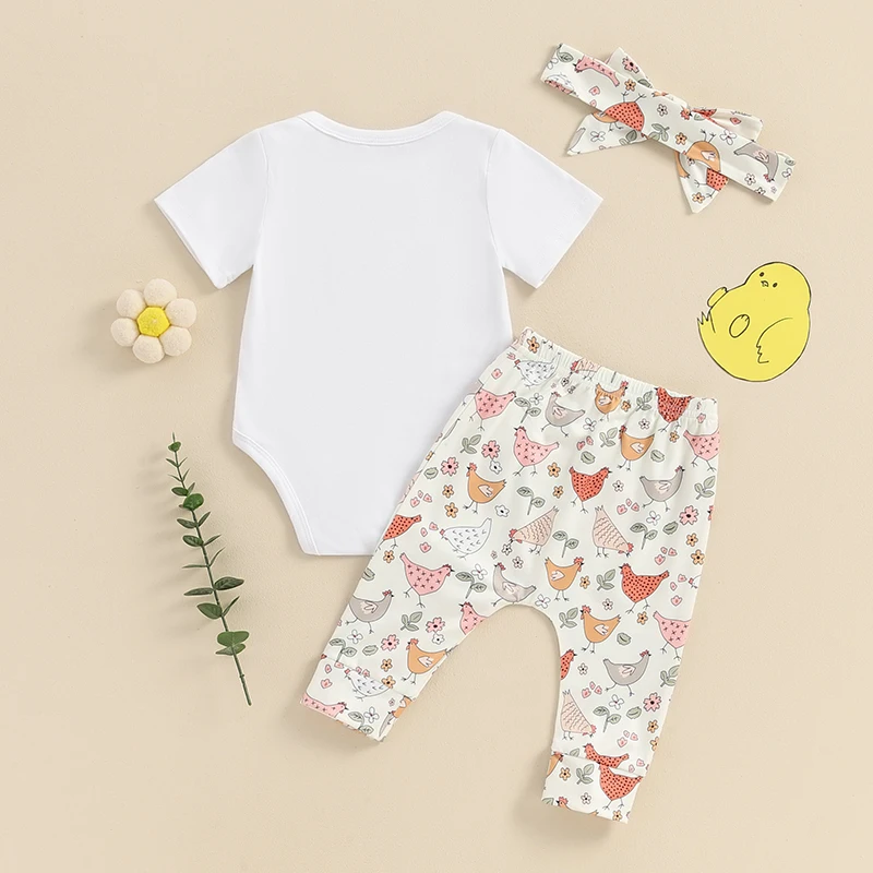 2024-03-07 Lioraitiin Toddler Baby Boy Girl Outfit Chick Print Short Sleeve Romper+Elastic Waist Flower Print Pants+Headband Set