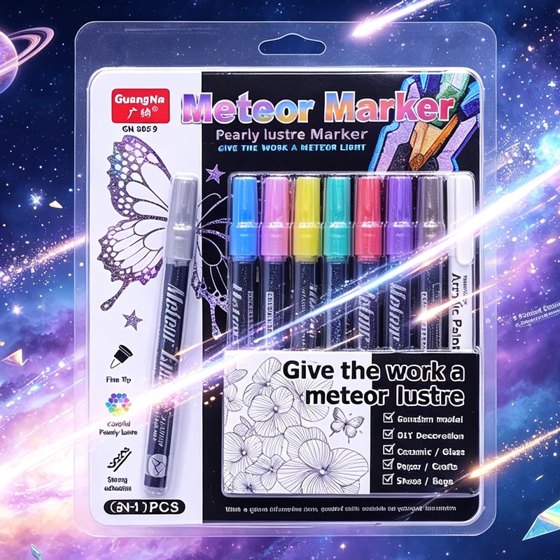 GuangNa Meteor Marker 8+1Pcs Pearly Lustre Paint Marker Set Fine Tip for Model DIY Craft Ceramic Glass Drawing Art Supplies