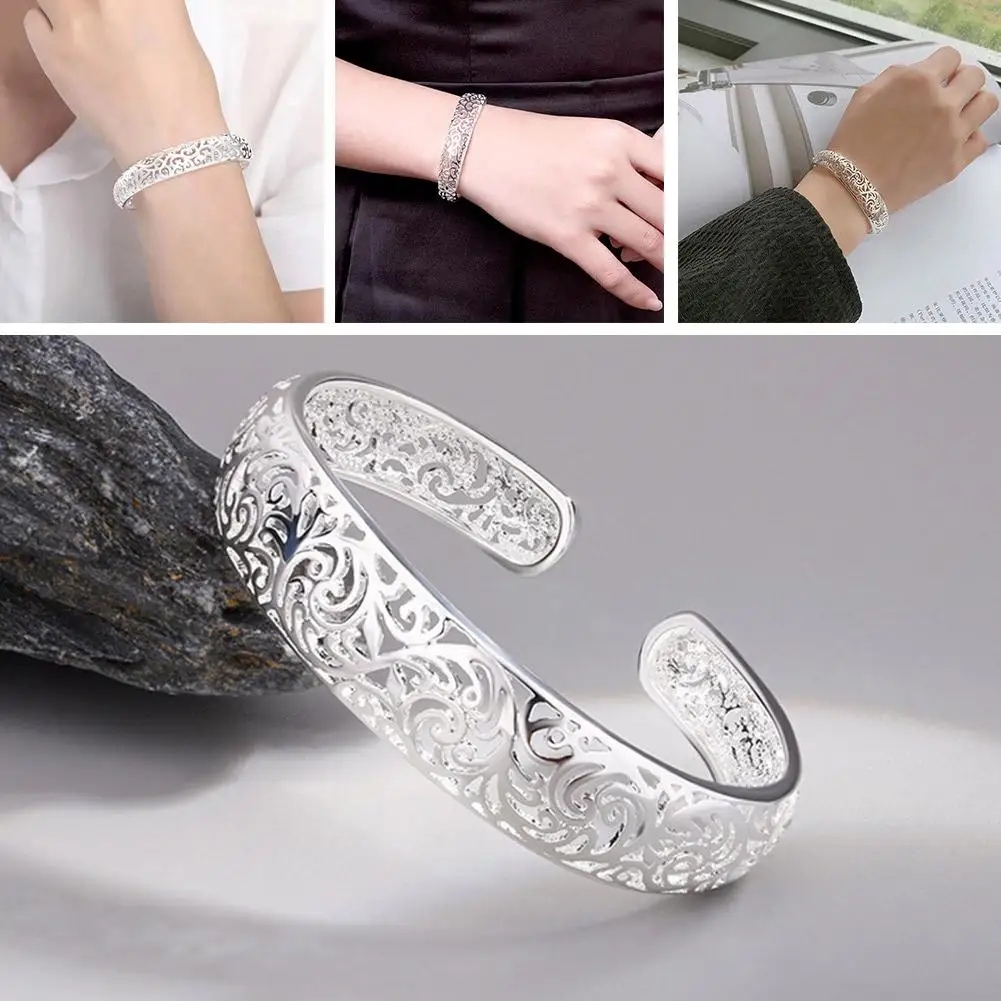 New National Wind Pattern Female Bracelets Silver Plated Opening Hollow Flower Bangles Style European Jewelry