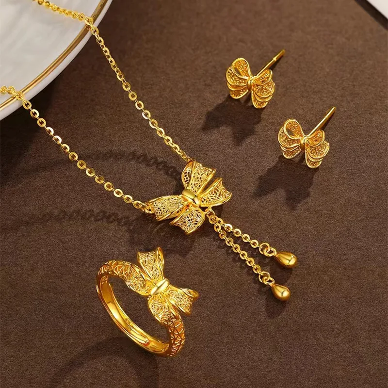 9999 24K Real Gold Summer Hot Item Fairy Bow Necklace Hollowed Out Bow Earrings Ring Fairy Three Piece Gift Set for Women Mom