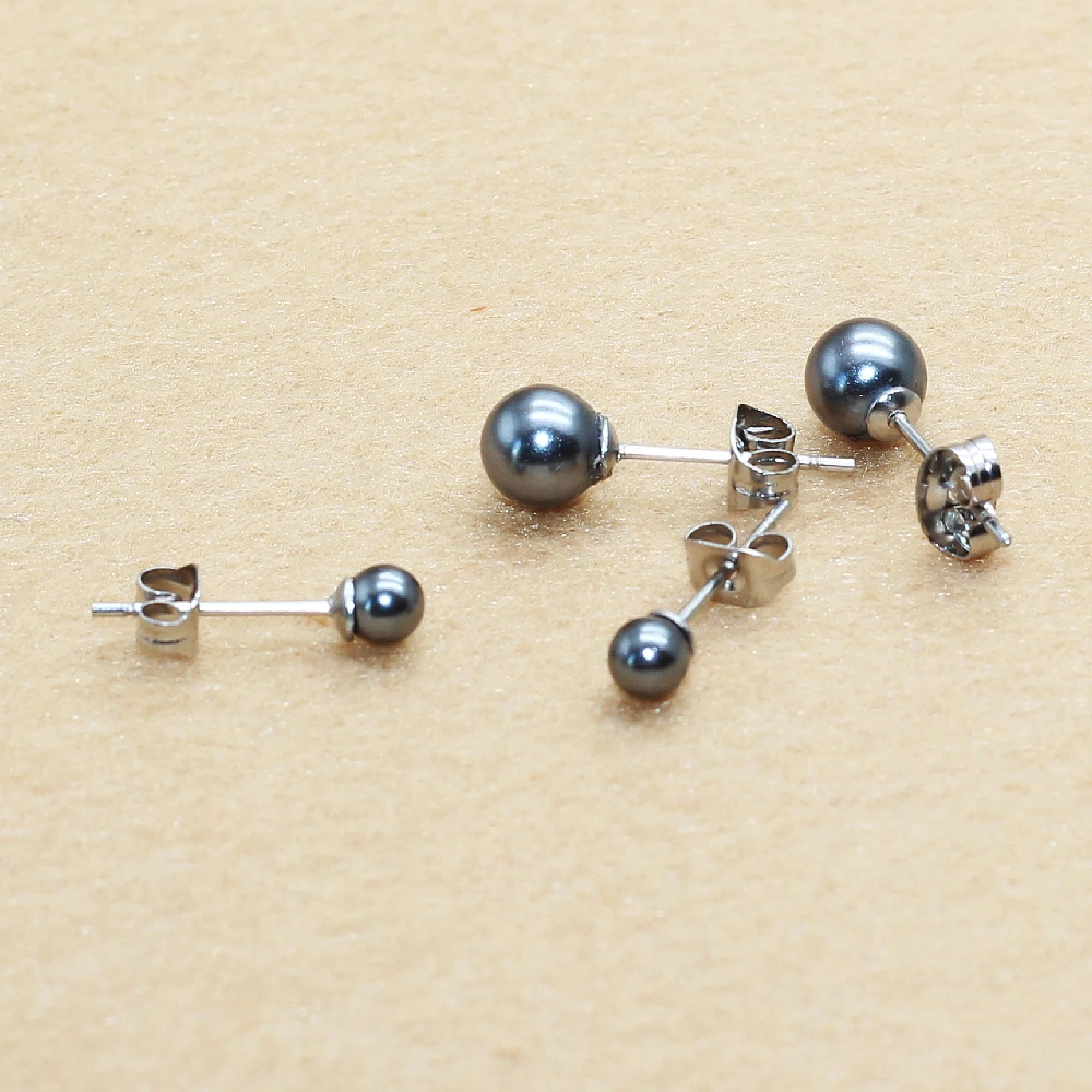 Brief Style Stainless Steel With Nature Shell Beads Dark Grey Pearls Pearl Push-back Stud Earrings 4/6/8/10mm Allergy Free