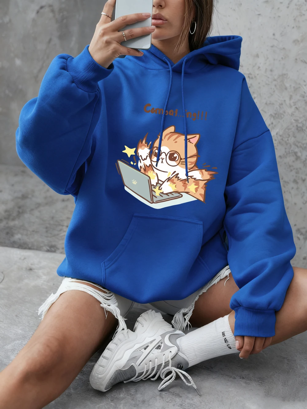 Verrückte Tipping Katze Cartoon Druck Sweatshirts Frauen Grundlagen Crewneck Hoodies Casual Lose Pullover Winter Fleece Warme Kleidung