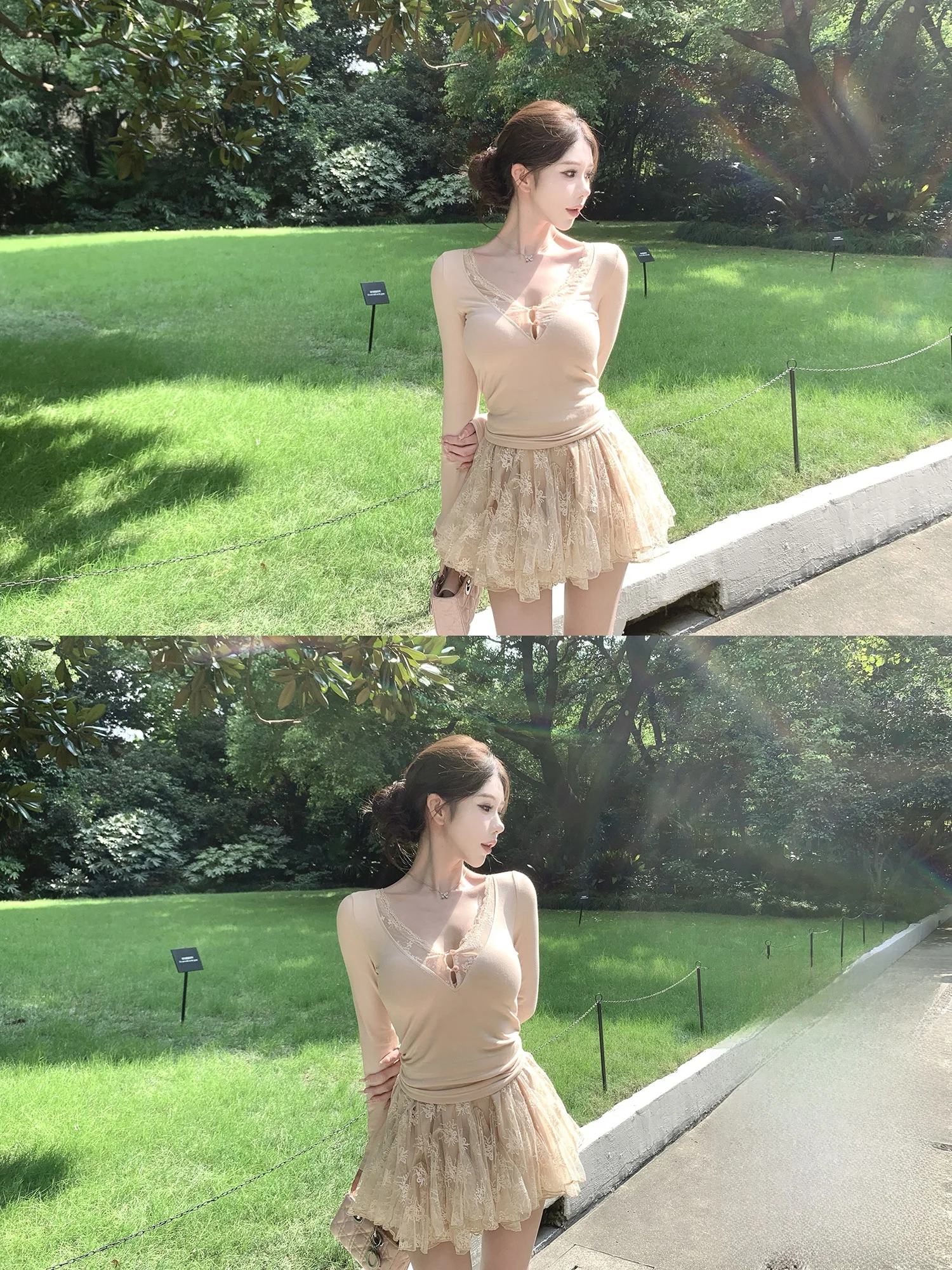 

Комплект Kubiliv Pure Desire: облегающий топ с V-образным вырезом и кружевными вставками, а также юбка. Модный женский комплект для осени и повседневной носки.