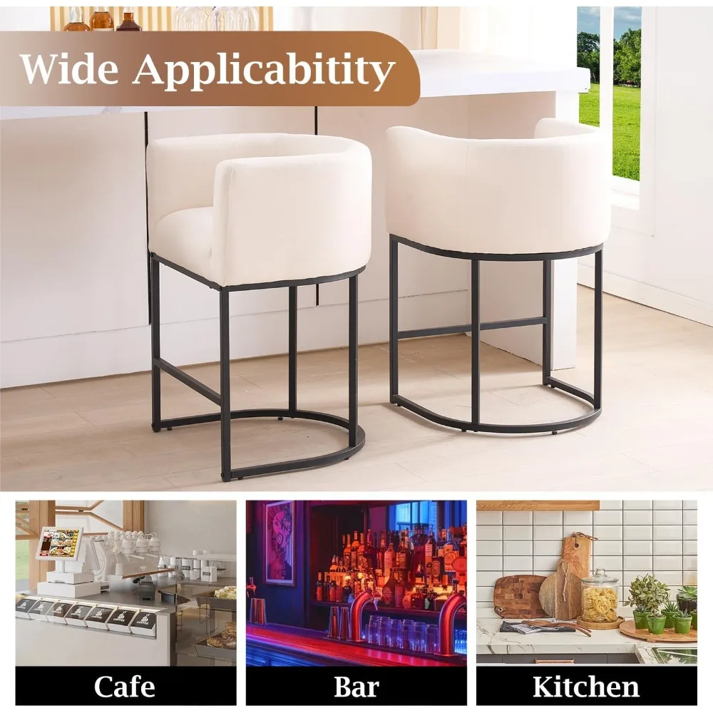 26"H Counter Height Bar Stools Set of 4, Modern Barrel Counter Stools with Backrest and Arms, Black Metal Frames.