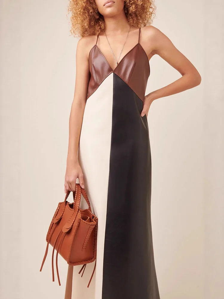 النمط الفرنسي بو الجلود فستان الرسن مثير الخامس الرقبة الجوف خارج أكمام فستان الحفلات المسائية سيدة اللون منعت تقسم فستان طويل #5