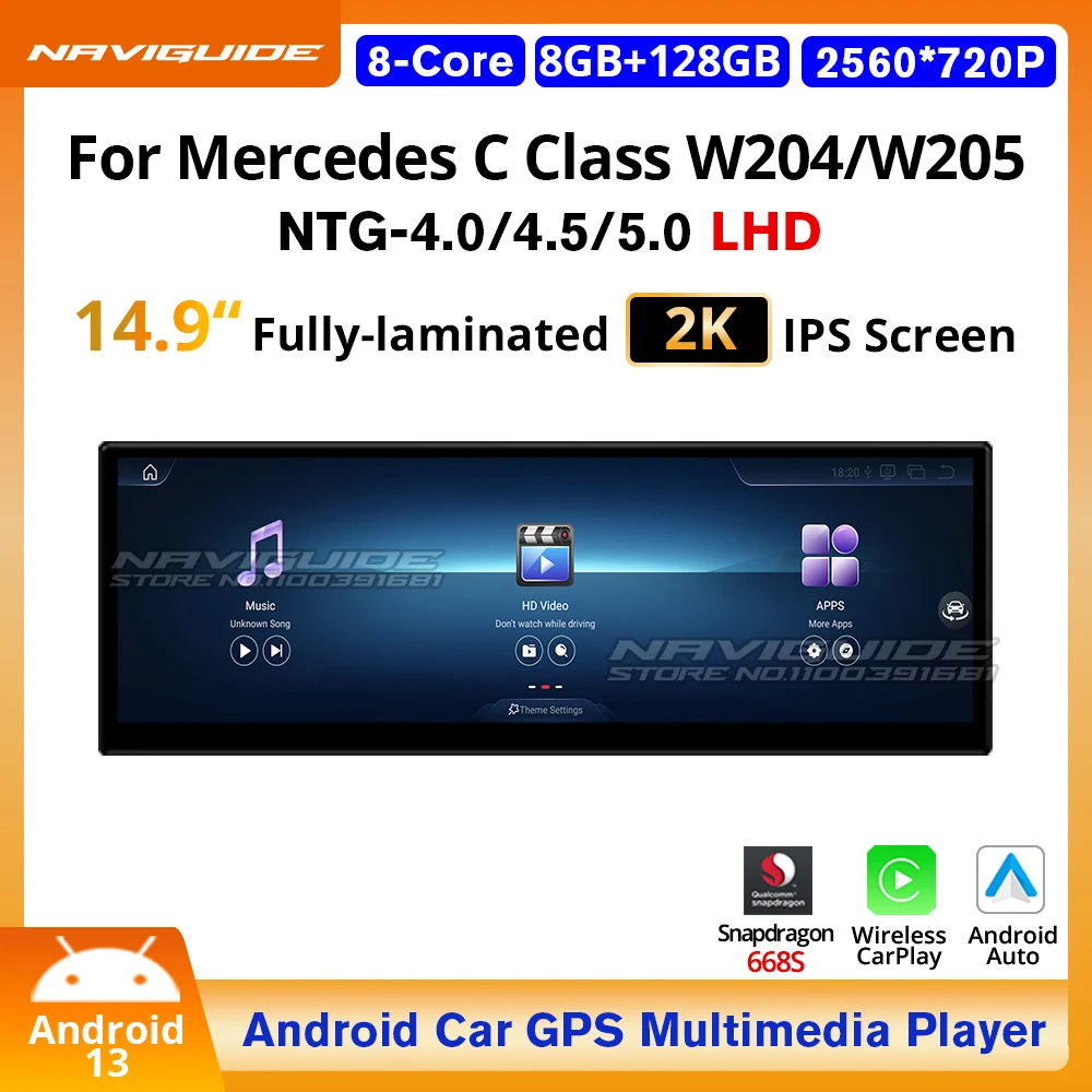 NAVIGUIDE 10.25'' 14.9'' For Mercedes C Class W204 W205 LHD Wireless Carplay Auto Multimedia Player WIFI Android 13.0 Headunit