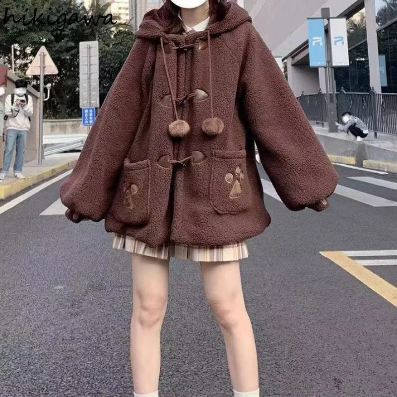 Cute Japanese Jackets Women 2023 Ropa Mujer Preppy Style Fall Winter Clothes Hooded Thicked Outwear Y2k Tops Fashion Sweet Coat